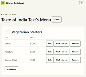 Screenshot: adding items and prices to a menu