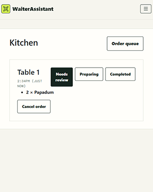 Screenshot: the kitchen view of an incoming order